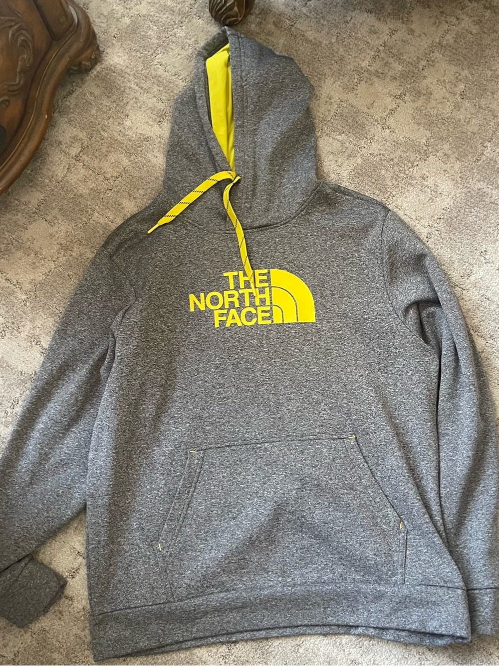The North Face Men’s Heather Gray Pullover Hoodie with Yellow Logo